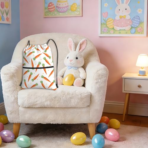 Image of Easter Cartoon Carrots Drawstring Backpack, Waterproof Drawstring Bag for Gym Sports Easter Party Gift, Women Men Durable Sackpack Bag with Front Zipper Pocket and Inside Zipper Pocket
