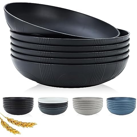 PYRMONT 65oz Salad Bowls Set of 6,Wheat Straw Bowls,10 inches Bowl Plates,Plastic Bowls Reusable,Serving Bowls,Bowls for Kitchen,Lightweight & Unbreakable,BPA Free,Dishwasher Safe Cover