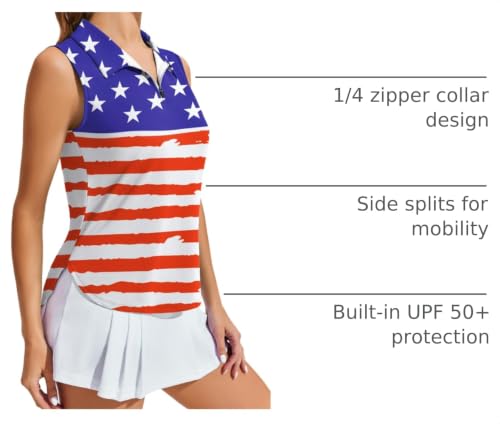 Image of PINSPARK Women Golf Shirts Sleeveless UPF 50+ Tennis Polo V-Neck Quick Dry Athletic T Shirt 1 /4 Zip Collar Workout Tank Top
