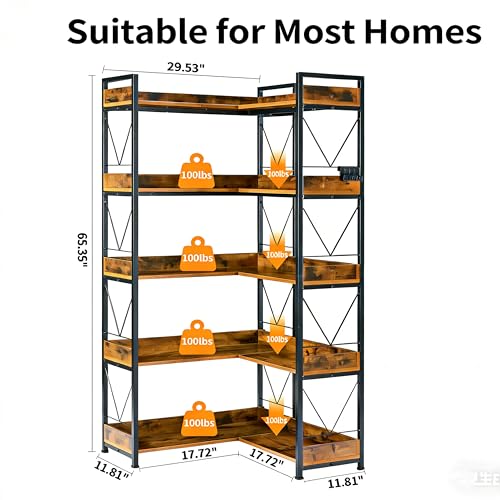 Image of HealSmart 5 Tier L Shape Bookshelf, 65 inch Corner Bookcase with Hooks and Edge, Industrial Wooden Bookcase with Open Shelves and Metal Frame for Living Room, Bedroom, Home Office, Kitchen, Brown