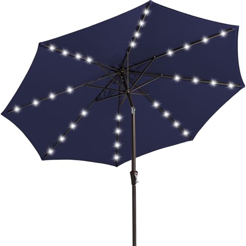 JEAREY 9FT Outdoor Patio Umbrella with Solar Lights, LED Lighted Pool Umbrella with Tilt and Crank, Outdoor Table Umbrellas for Deck, Yard & Market (9ft, Navy Blue)