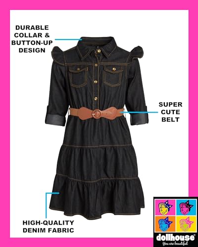 dollhouse Girls' Denim Dress - Casual Long Sleeve Jean Dress for Girls - Button Down Blue Knee Level Dresses for Girls (7-16)2