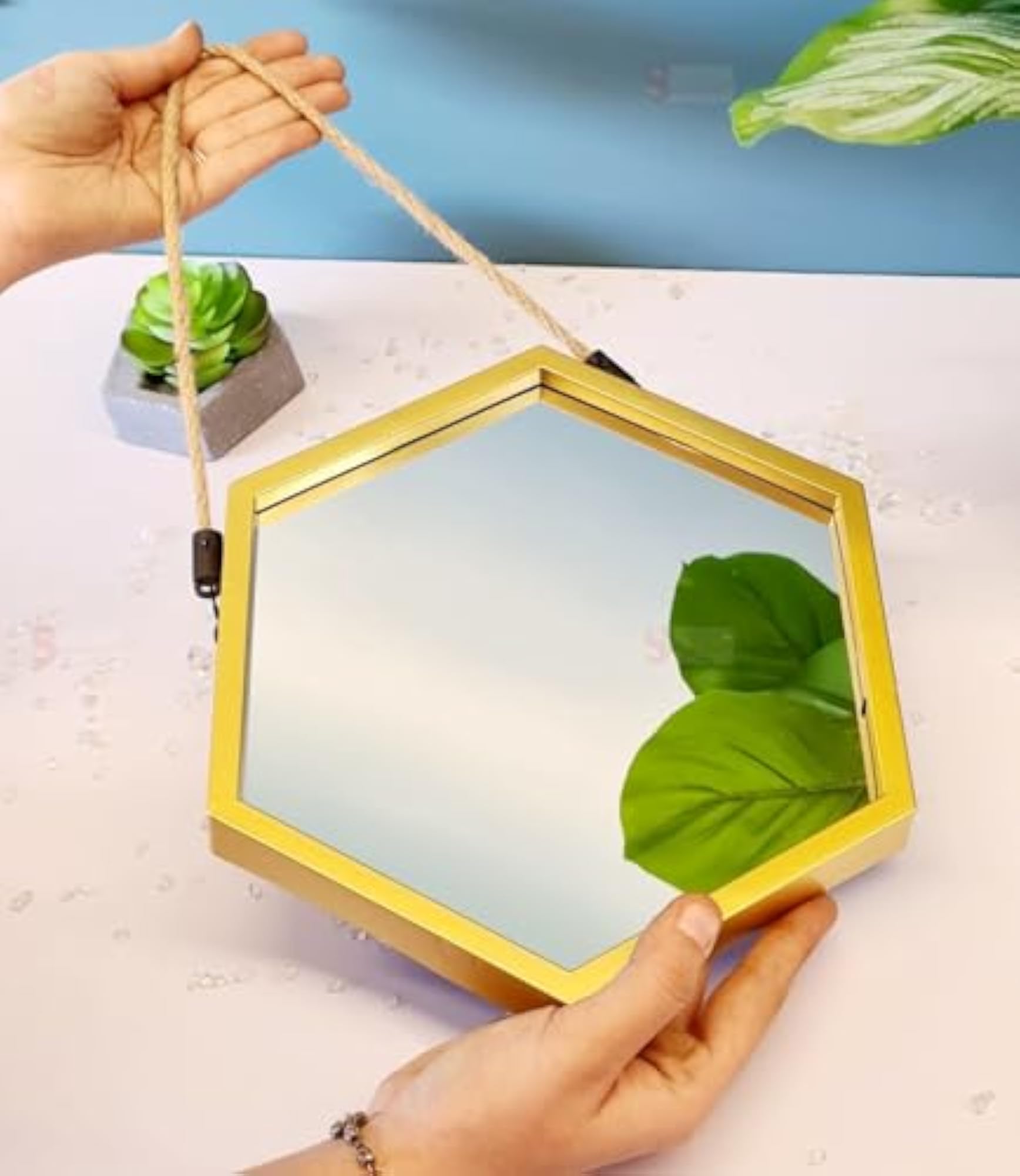 Hexagonal Wall Mirror Frame with Jute Handle for Home Decor