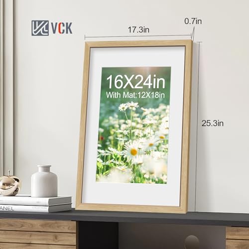 Image of VCK 16x24 Picture Frame 5 Pack, Oak Wood, 12x18 Mat, for Wall Art