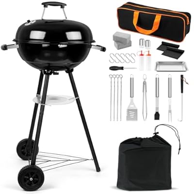 HaSteeL 18 Inch Charcoal Grill, 2-In-1 Kettle Outdoor Barbecue Grill, Portable Black BBQ Grill for Camping/Backyard/Patio/Picnic, Porcelain-Enameled Lid & Fire Bowl, 254.SQ.IN Cooking Area, 29Pcs