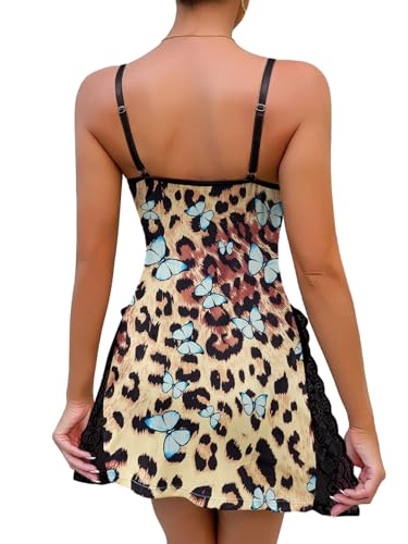 Image of Foxiny Sexy Split Side Floral Lace Trim Full Slip Night Gown Babydoll Lingerie Dress with Thong 2 piece