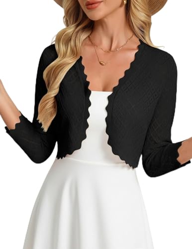 GRACE KARIN Womens Fashion Bolero Shrug 3/4 Sleeve Crochet Cropped Cardigan Open Front Knit Shrugs for Dresses(Black M)