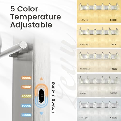 Image of zeyu 40W Crystal LED Vanity Light, 6-Light Bathroom Light Fixture Dimmable with 5 Color Modes, Brushed Nickel Finish with Crystal Bubble and Clear Glass, ZSL72B-6W LED BN