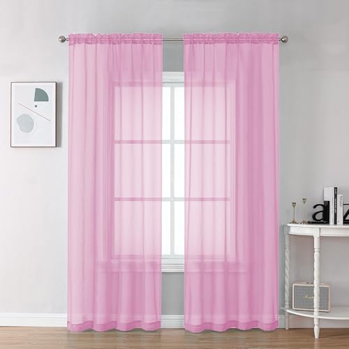 Image of Chyhomenyc Pink Sheer Curtains 78 Inches Long 2 Panels Set for Living Room, Light Filtering Voile Lightweight Bedroom Curtains, Rod Pocket Solid Window Treatment Drapes, Each 42W x 78L