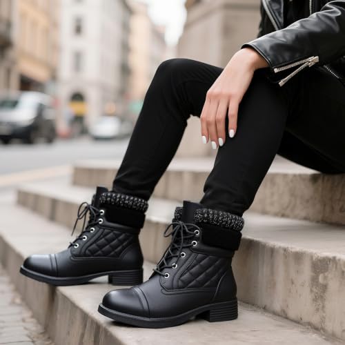 Image of STQ Womens Combat Boots Lace Up Ankle Booties With Side Zipper Fall Winter