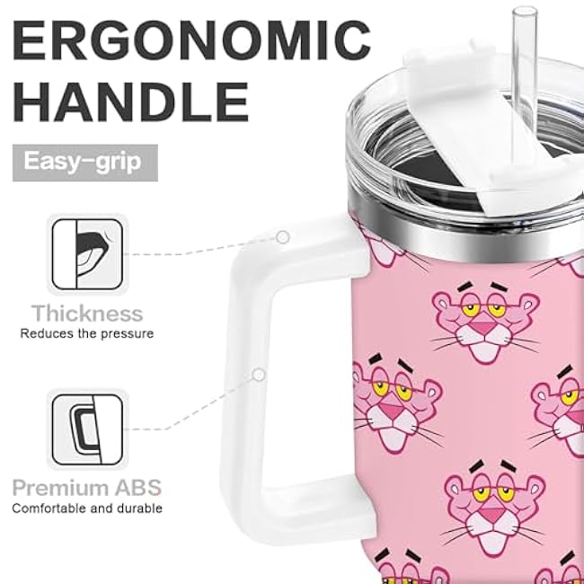 1pc 40oz Pink Panther Pattern Tumbler with Lid, Insulated Travel Mug, Gift for Women Men, Ideal for Halloween, Independence Day, Memorial Birthday Gift, Coffee Cup, weird stuff