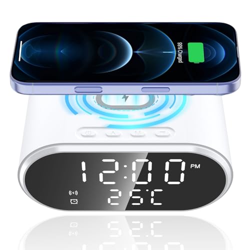 poluu 3-in-1 Wireless Charging Alarm Clock 15W Fast Wireless Charger with Smart Digital LED Display Charging Station Smart Digital Alarm Clocks Bedside USB-C Cable Phone Stand for Bedroom Office Dorm