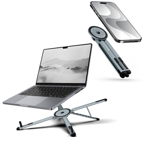 Amkette Ergo Fold Pro 4 in 1 Laptop Stand Metal for Phone, Tablet & Laptop, 8 Level Foldable Aluminium Laptop Stand with MagSafe Mount, 180° Rotating Design, Adjustable Viewing, Anti Slip Grip Black