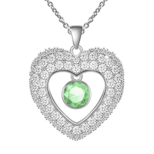 Beauyist Love Heart Birthstone Necklaces for Women & Girls, Pendant Necklace Mother's Day Anniversary Birthday Jewelry Gifts for Wife/ Girlfriend/Mother/Her, Double Side 5A Cubic Zircon Decor 18k White gold-Light Peridot