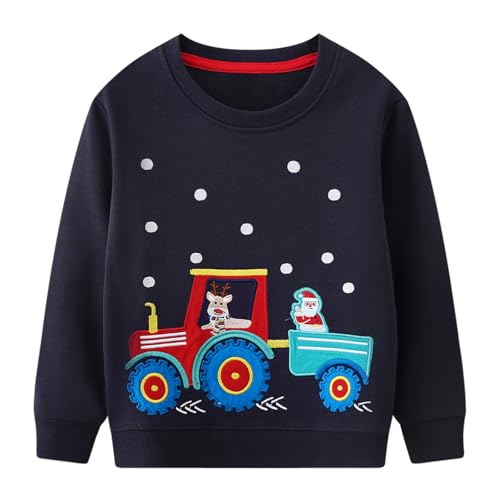 FILOWA Sudadera Niños Algodon Cuello Redondo Pullover Excavadora Estampado Jersey Papá Noel Alce Bordado Sweatshirt Cálido Manga Larga Jumper Invierno Navidad Top para Infantil 5-6 Años, Azul Marino