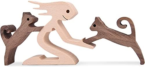 KINGNOW Woman and Cat Statue Wood Figurine Handcraft Kitty Ornament Home Decor Accents