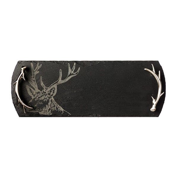 The Just Slate Company Small Stag Slate Serving Tray Gift Boxed, Gray With Silver Handles, 42 x 15 x 3 cm