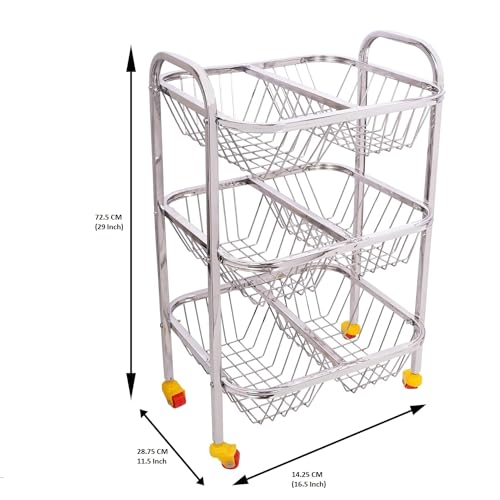 Image of Fortune Blu 3-Layer Stainless Steel Kitchen Trolley for Fruits & Vegetables | 3-Shelf Storage Basket | Onion & Potato Rack