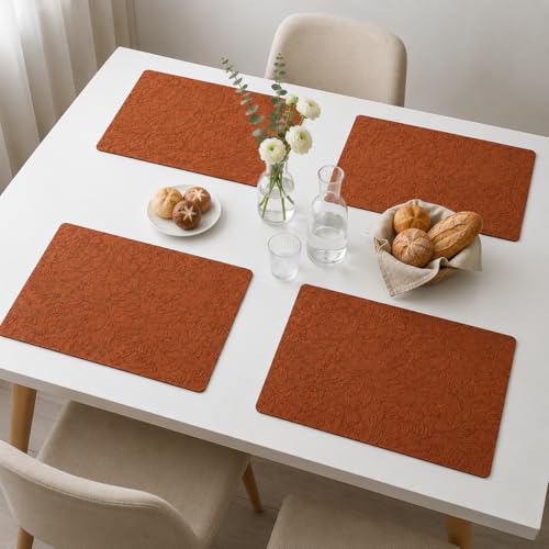 Image of Yelona Premium Faux Leather Placemat Set of 4 | Printed Floral Design, Waterproof & Heat Resistant Table Mat | Non-Slip, Washable for Dining, Kitchen & Home Decor (Brown, 43 x 30 cm)