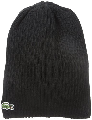 Lacoste Mens Classic Wool Ribbed Knit Beanie , Black, One Size