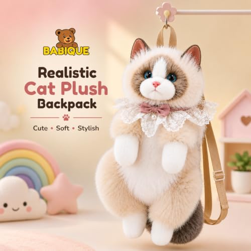 Image of Babique Realistic Cat Plush Backpack with Meow Sound, Cute Fluffy Kitty Soft Toy Shoulder Bag for Girls, Women & Kids, Kawaii Animal Plush Backpack for Travel, School, Daily Use & Birthday Gift, Cream