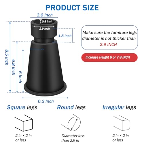 ANNKUT Bed Risers 8 Inch Heavy Duty, Elevation in Heights 6 or 7.8 Inch Round Furniture Risers for Bed Desk Table Sofa Couch, Bed Lifts Risers(4 Pack Black)