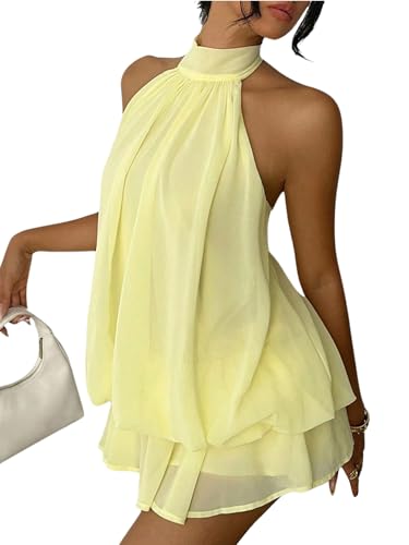Verdusa Womens Chiffon Halter Drop Waist Wedding Guest Dresses Ruffle Summer Loose Fit Mini Dress Brunch Outfits Butter Yellow Large