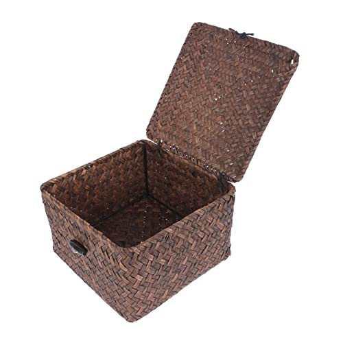 STOBAZA Sea Grass Woven Storage Basket with Lid Versatile Household Organizer for Laundry Snacks and Tea Stylish Natural Decorative Bins for Home Organization