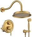 Wintap Antique Rainfall Shower System Bathroom Luxury Rain Mixer Shower Faucet Set with Pressure Balance Valve, Shower Combo Set with Rain Shower Head and Vintage Handheld Spray 9 inch Brushed Gold