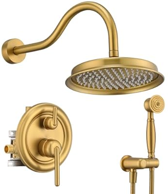 Wintap Antique Rainfall Shower System Bathroom Luxury Rain Mixer Shower Faucet Set with Pressure Balance Valve, Shower Combo Set with Rain Shower Head and Vintage Handheld Spray 9 inch Brushed Gold