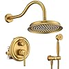 Antique rainfall shower system bathroom luxury rain mixer shower combo set with pressure balance valve shower faucet set with rain shower head and vintage handheld spray 9 inch brushed gold  urban country home decor
