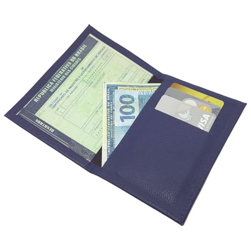 Carteira Couro Legítimo Porta Documentos Veículos Cnh Rg Cpf Azul