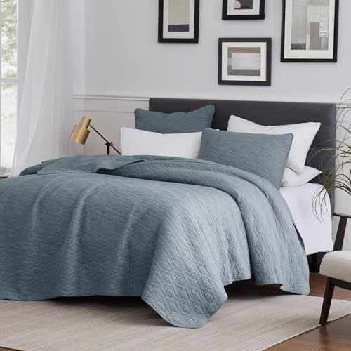 palassio Blue 100% Cotton Quilt Queen Size Bedding Sets with Pillow Shams, Lightweight Soft Bedspread Coverlet, Quilted Comforter Bed Cover for All Season, 3 Pieces, 90x96 inches