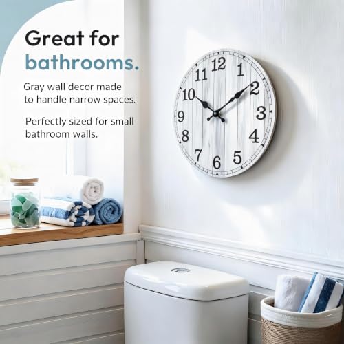 Image of 14 Inch Wall Clock Battery Operated, Wooden Rustic Boho Wall Clocks | Easy-to-read Number, Silent Non Ticking Analog Clock Decorative for Living Room Kitchen Bedroom Home Office Decor, Gray Clock