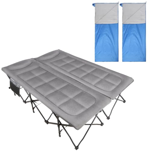 Image of RedSwing 2 Person Camping Cot, Grey with Ultra Light Sleeping Bags 2pcs | Heavy Duty 500lbs, Portable Oversized Folding Queen Size For Double Adult, Indoor Office Outdoor