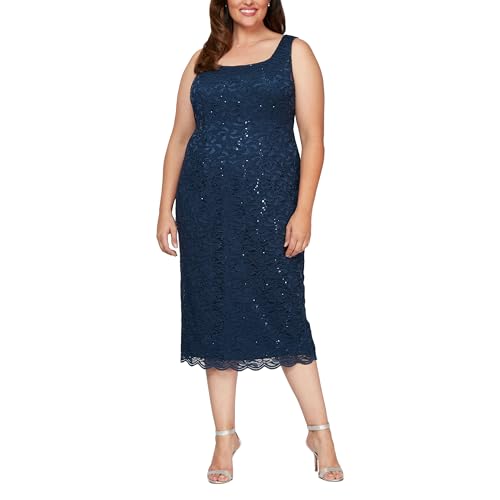 Image of S.L. Fashions Women's Tea Length Sequin Lace Mother of The Bride Dress with Illusion Sleeve Jacket