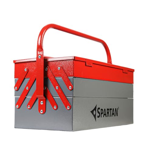 Image of Spartan 17 Inch Portable Metal Tool Box with 5 Fold-Out Trays, Secure Locking System & Easy-Grip Round Handle | Heavy-Duty Rust-Resistant Storage Organizer for DIY, Home Repair, Garage & Jobsite Use