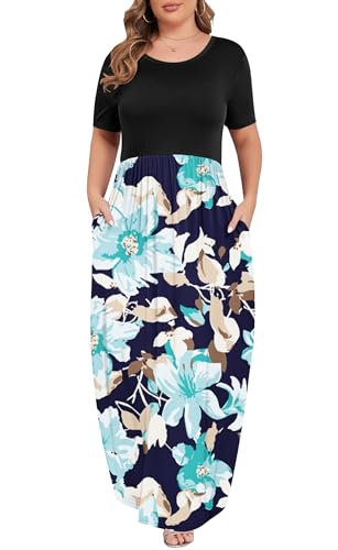 Image of KARALIN Women Plus Size Maxi Dress Short Sleeve Round Neck Loose Fit A-Line | Plus Size Long Dress,Summer Casual Maxi Dresses,Short Sleeve,Side Pockets,Round Neck,Elastic Waist,14 Plus - 26 Plus