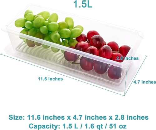 Image of Fridge Storage Boxes (Pack of 4), Fridge Organizer with Removable Drain Plate Fridge Storage Containers Keeps Fruits, Vegetables, Meat, Fish Fresh Longer 1500 ML Container Box