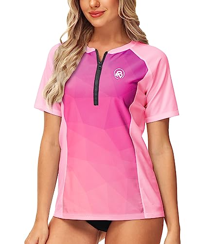 Image of AOBUTE Women Zip Rash Guard UPF 50+ Gradient Short Sleeve Swim Top Surf Shirts