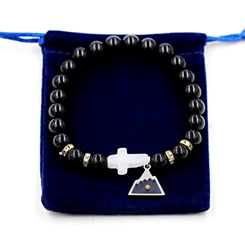 Image of Uloveido Black Agate Side Cross Bracelet Mustard Seed Charms, Personalized Letter A-Z Tiger's Eye Bangle Y944