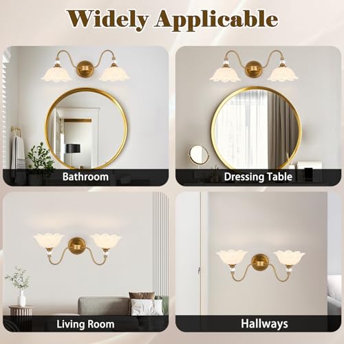 Image of Vintage Bathroom Vanity Light, 2-Light Matte Brass Finish Vanity Light with Floral White Glass Shades, Retro Wall Sconce for Bathroom, Dressing Table