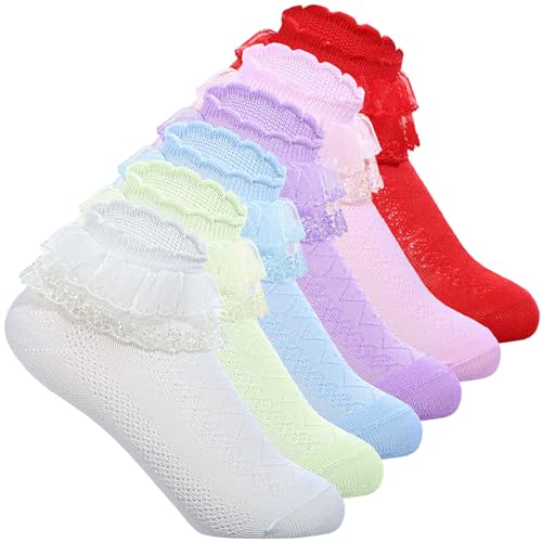 6 Pairs Girls Ruffle Socks Cute Lace Frilly Ankle Socks for Little Girl Toddler Dance Lolita Dress