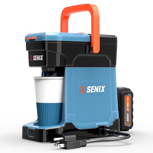 SENIX Coffee Maker Single Serve, Portable, 2-in-1 20V 5.0 Ah Battery, Charger & Power Cord, Compatible with K-Cups, Ground, Pods, 8oz Brew Size - for Travel, Camping, To-Go, Job Site, Home (CMX2-M4)