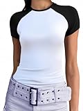 Abardsion Trendy Baby Tees for Women Y2K Shirts Cute Short Sleeve Crewneck Slim Fit Going Out Tops (White & Black Sleeve, XS)