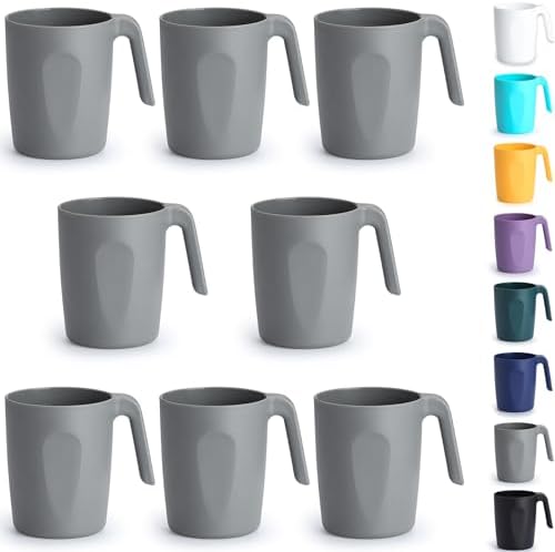 Berglander Graue Plastik Kaffeetassen Set 8er 450ml, Kunststoff Kaffeebecher mit Griffen mehrweg, Wasserbecher, leicht zu tragen, ideal für Zuhause, Garten, Picknick, Camping, Outd