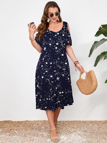 Image of LARACE Plus Size Women Dress for Summer, Midi Women's Sundress, Casual V-Neck Short Sleeve Flowy T-Shirt Dresses with Pockets