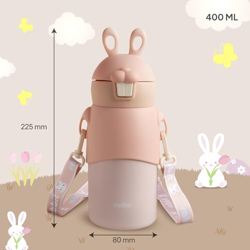 Image of Cello Bunny Kids Stainless Steel Flask 500ml, Peach | Double Walled Vacuum Insulated Technology | One Click Push Button to Open | Ideal for School, Sports, Picnics