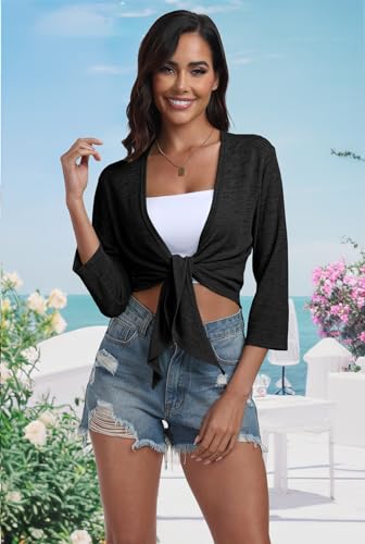 Prinstory Women'S Tie Front Shrug 3/4 Sleeve Bolero Cardigan Lightweight Summer Casual Short Shawl Top Black Us S thumb #2