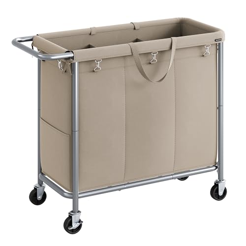 SONGMICS Laundry Basket with Wheels, 3-Section Rolling Laundry Hamper, 52.8 Gallons (200 L), Removable Liner, Steel Frame with Handle, 35.8 x 15.4 x 31.9 Inches, Camel Brown URLS005N01 Camel